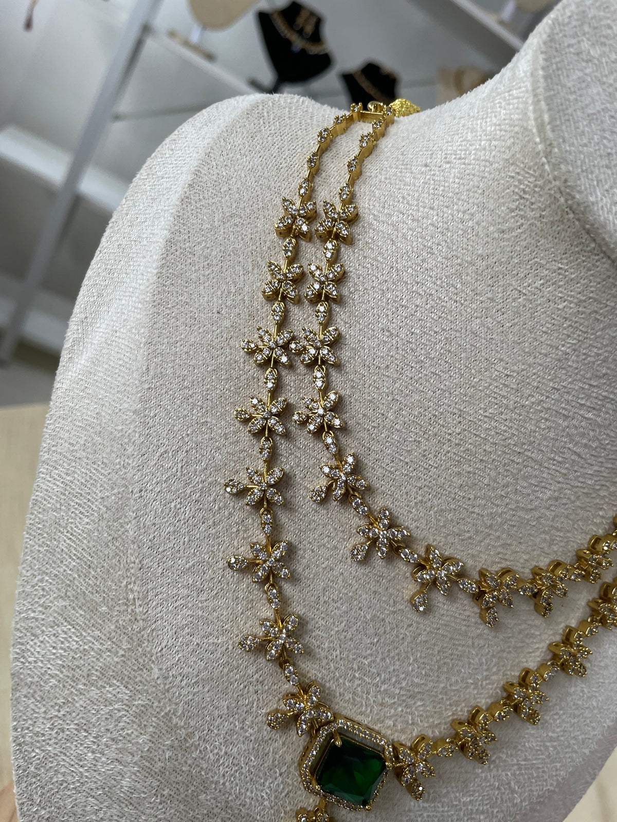 Premium AD Double Layer Necklace Set (Green)