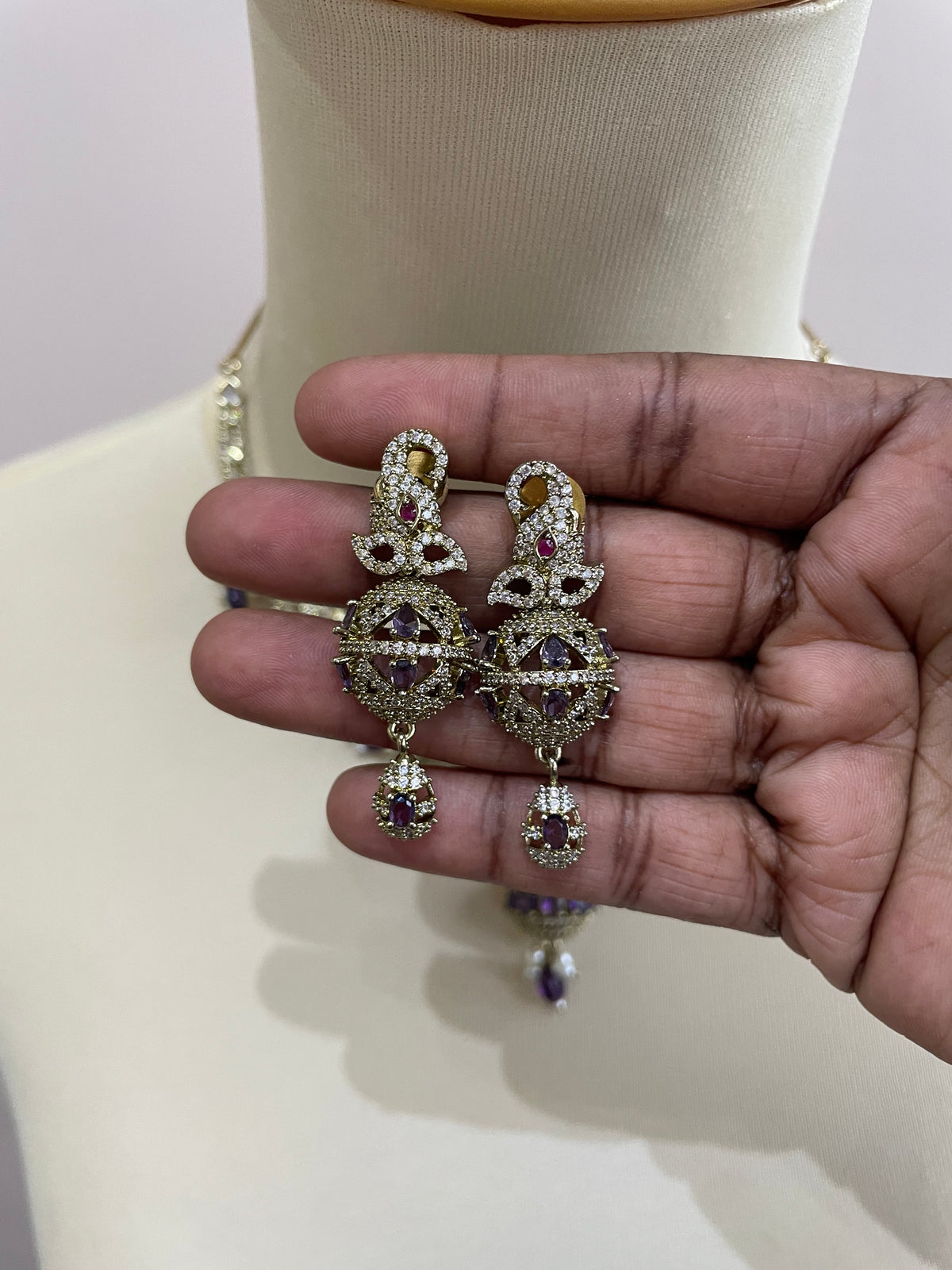 Premium AD Hasli Necklace Set (Purple)
