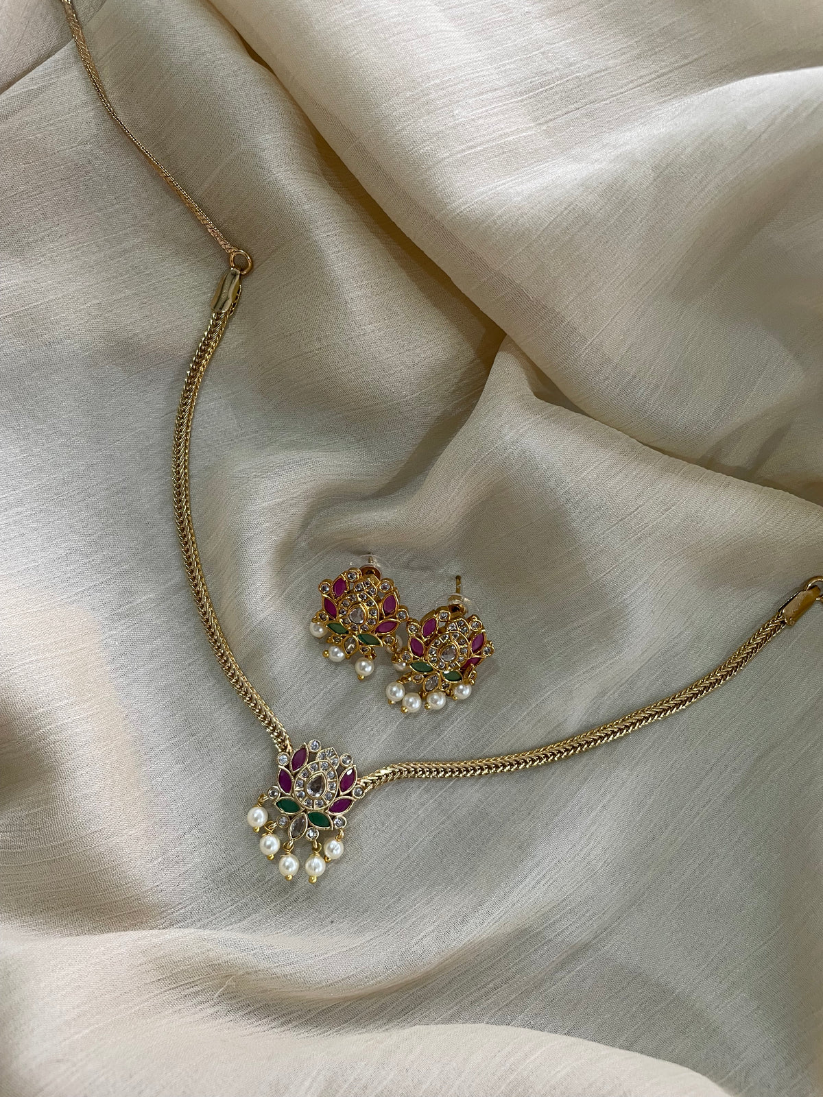 Premium Kemp Lotus Necklace Set with Pearl Drops - comes with back chain