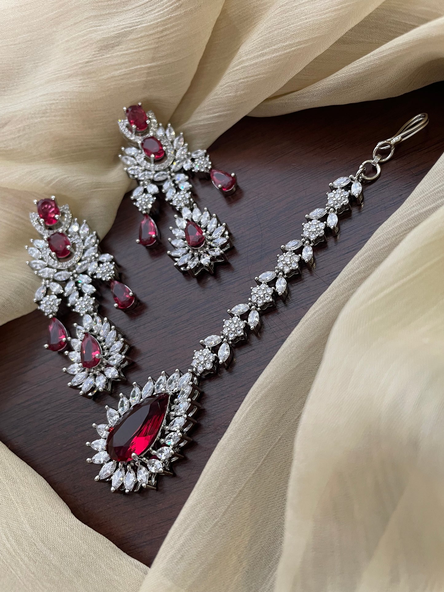 Premium Statement Ad Earring & Tikka Set - Maroon
(Silver Base)