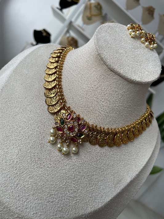 Premium Lotus Kemp Pendant Lakshmi Coin Necklace Set