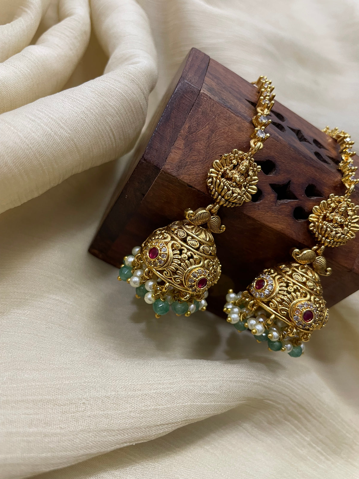 Premium AD Kemp Lakshmi Jhumka with attached earchain