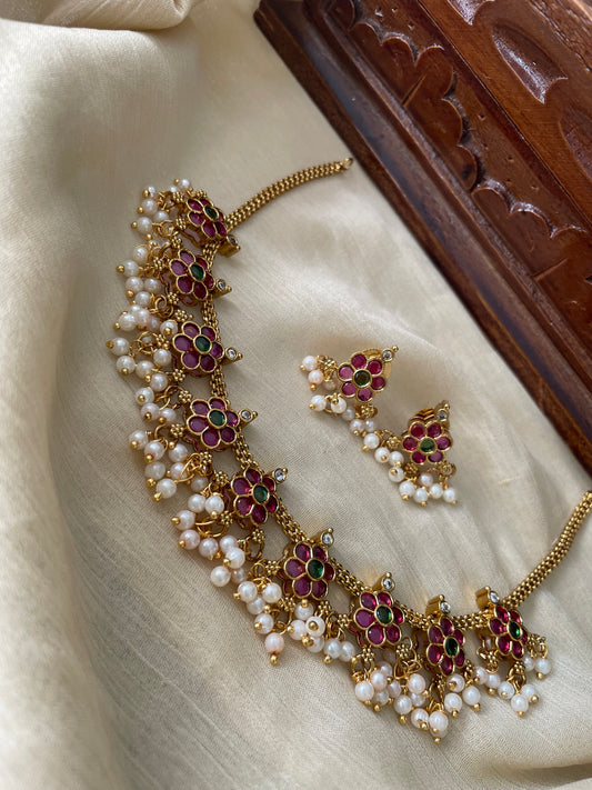 Premium Floral Kemp Pearl Necklace Set