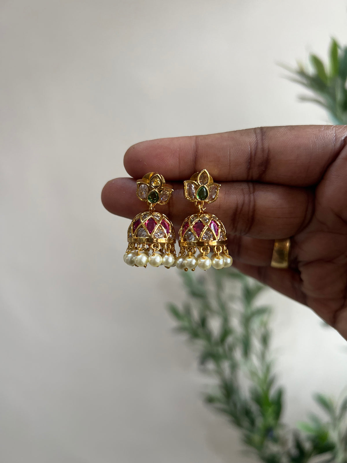 Premium Kemp Mini Jhumkis- RubyGreen