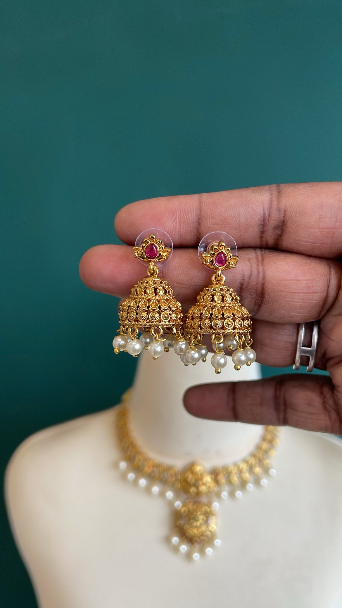 Premium Ad Matte Finish Ganesha Necklace Set with Jhumka