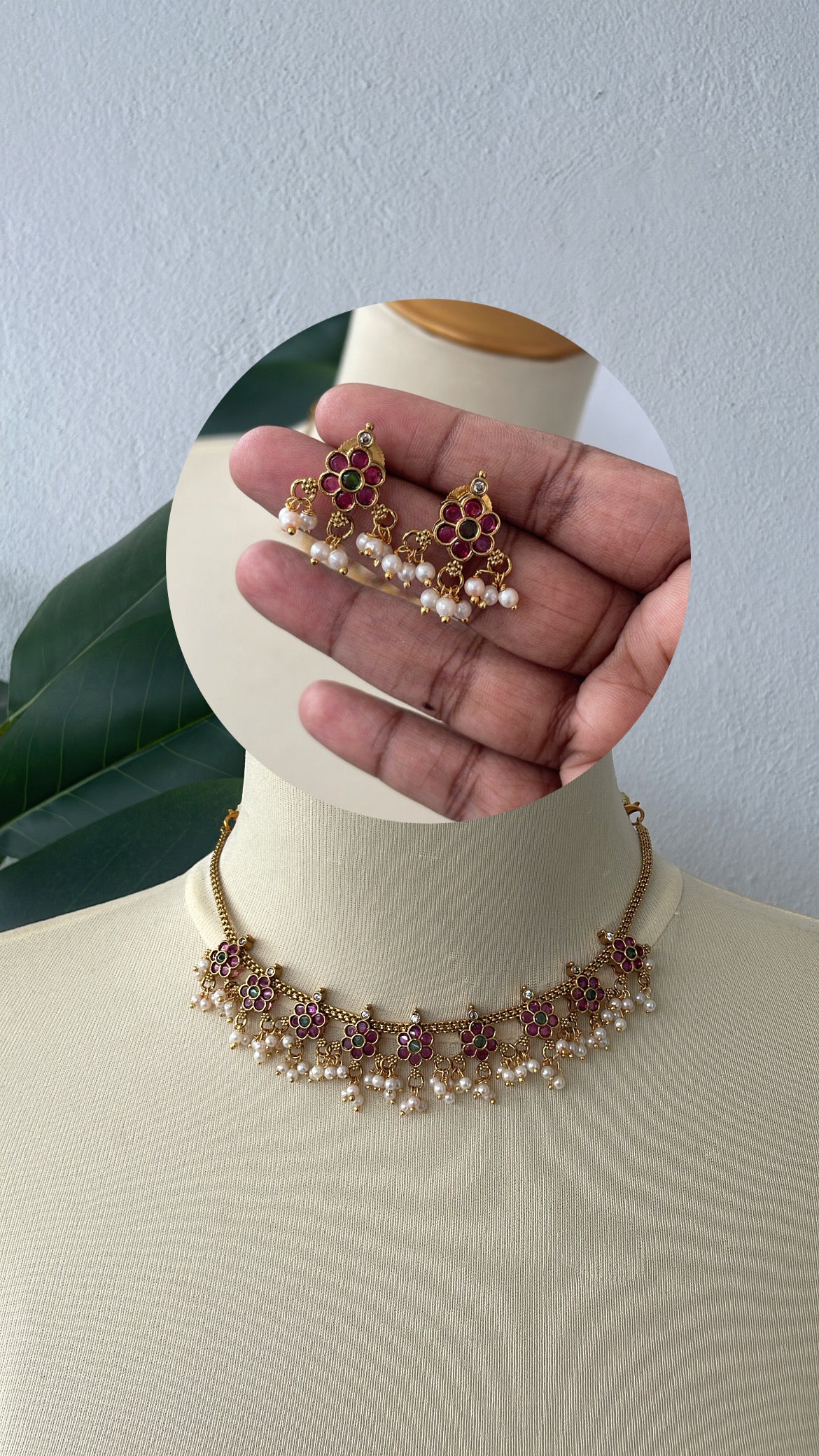 Premium Floral Kemp Pearl Necklace Set