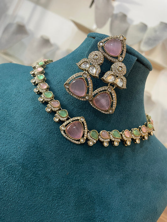 Premium Polki Choker Set comes with earrings and tikka (Antique Gold Base) - Mint Pink