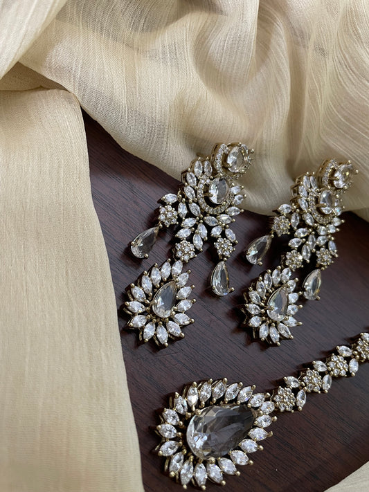 Premium Statement Ad Earring & Tikka Set - WHITE
(Antique Gold Base)