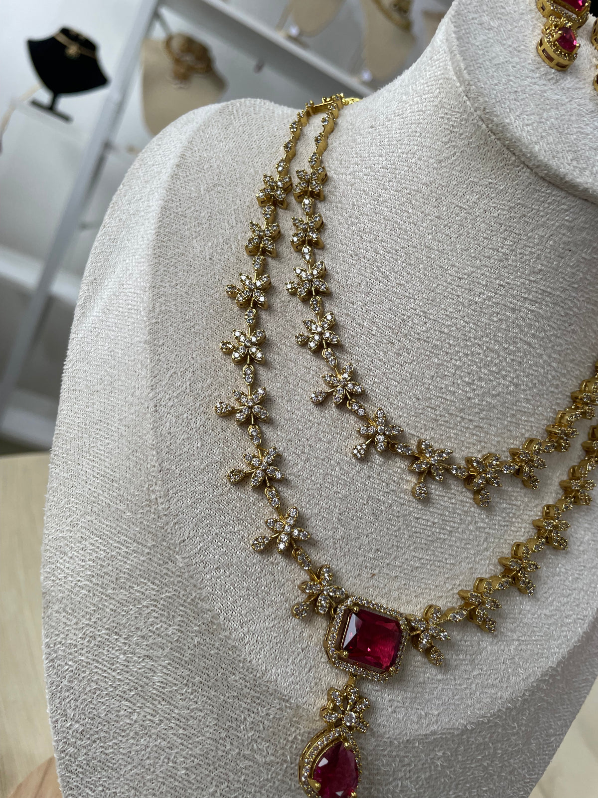 Premium AD Double Layer Necklace Set (Red)
