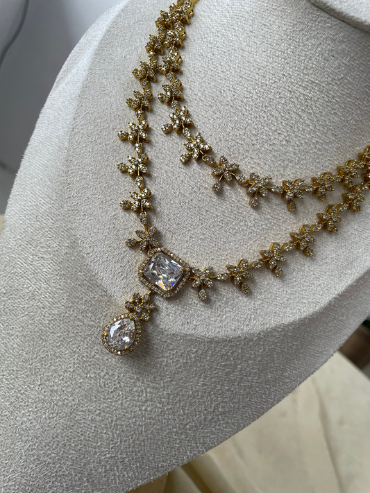 Premium AD Double Layer Necklace Set (White)