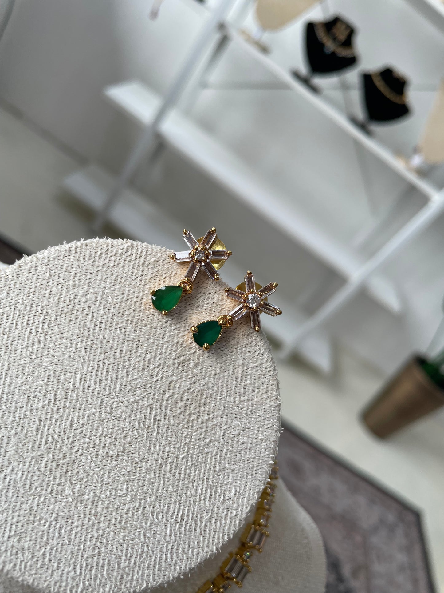 Premium Green Teardrop Necklace with clear baguette cut AD stones