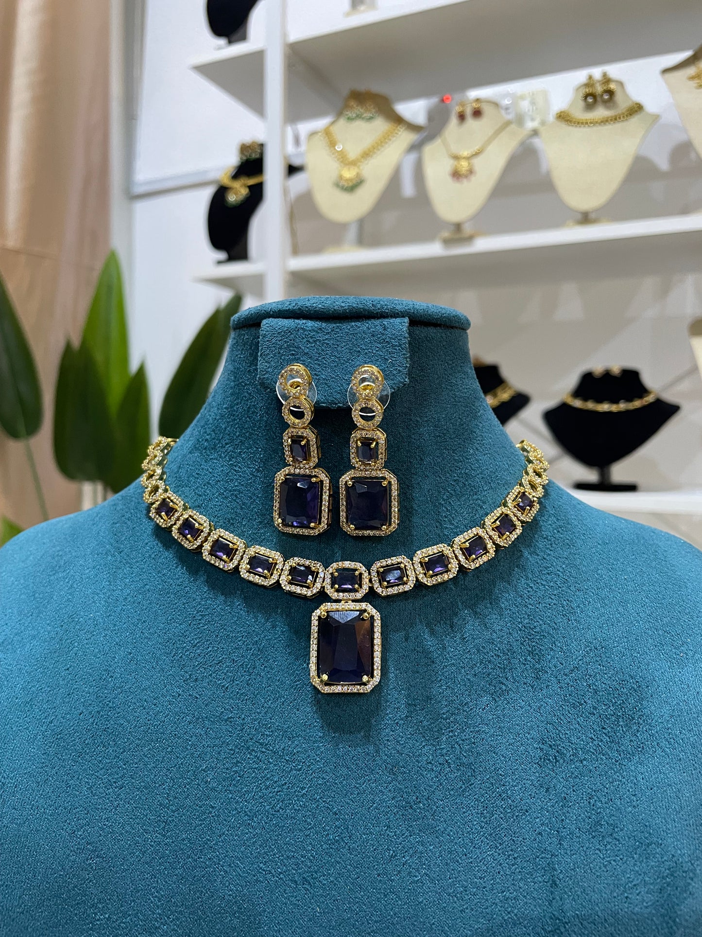 AD Necklace Set (Gold Base) - Purple