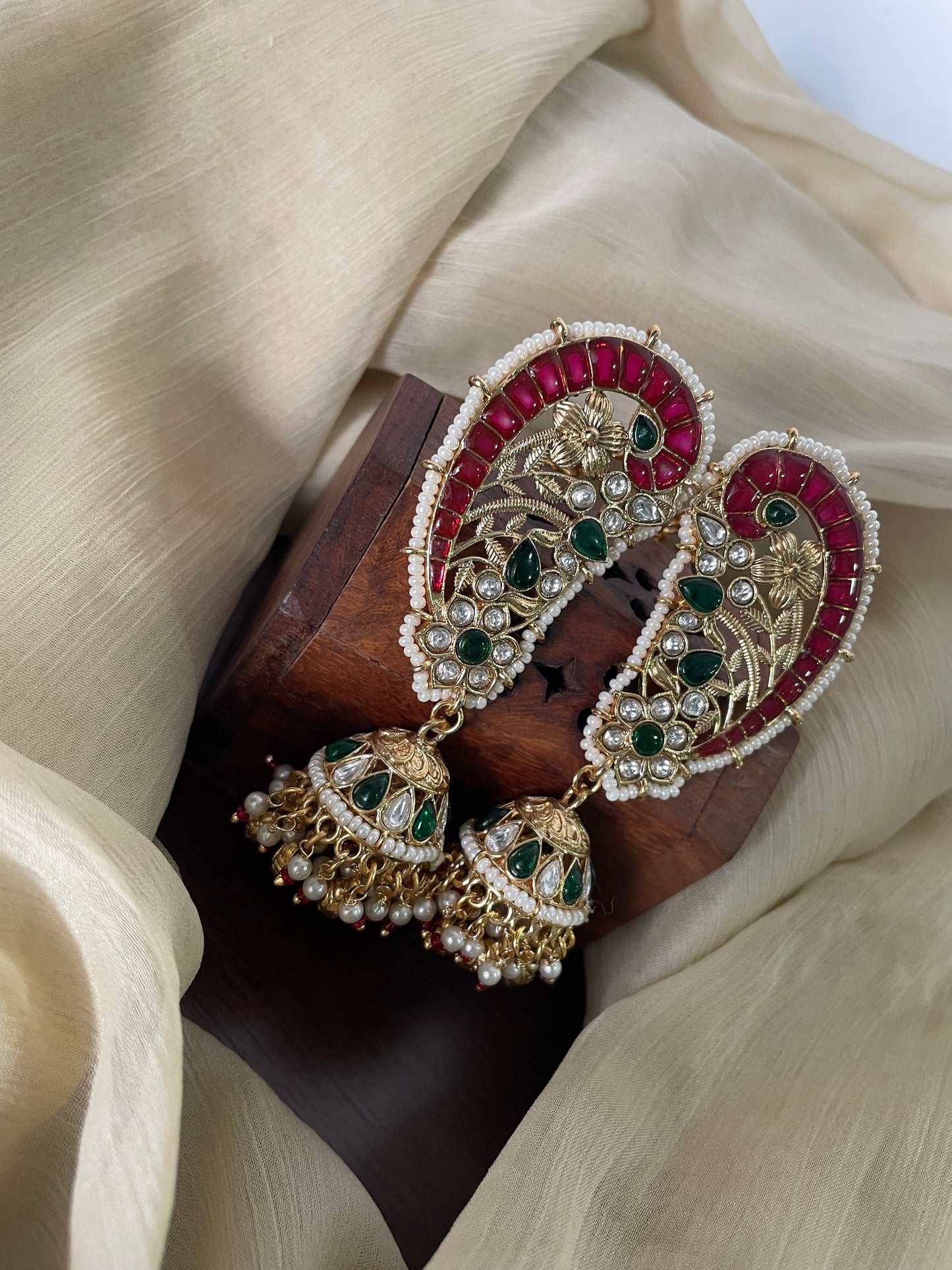 Premium Pota Stone Paisley Earcuff Jhumka with attached EarChain