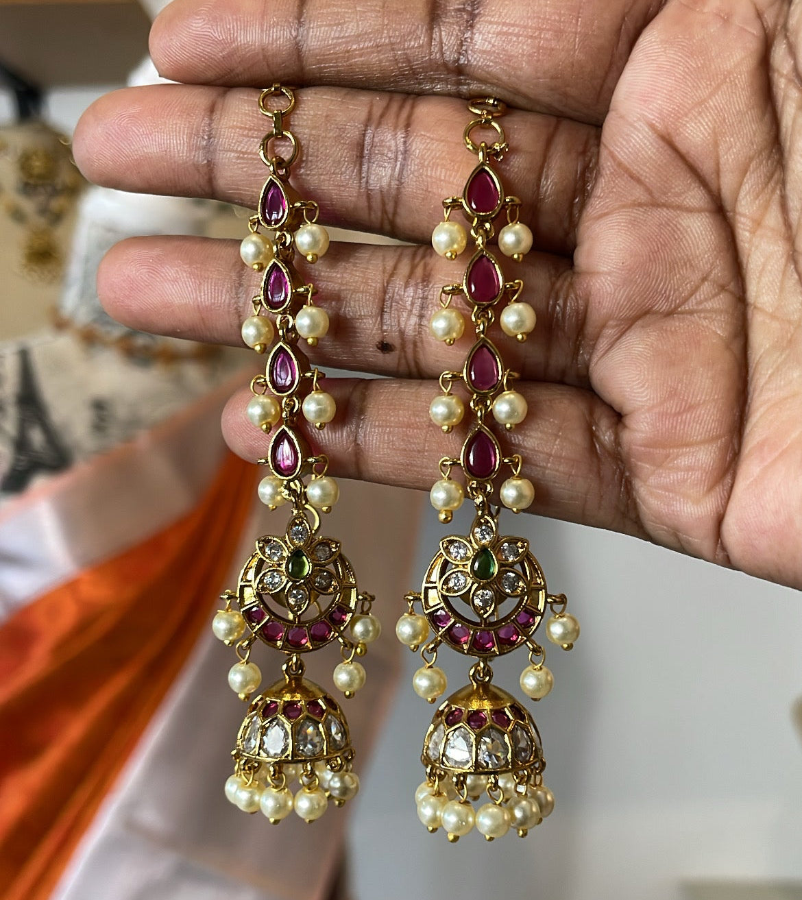 Premium Kemp Style Jhumka with attached EarChain