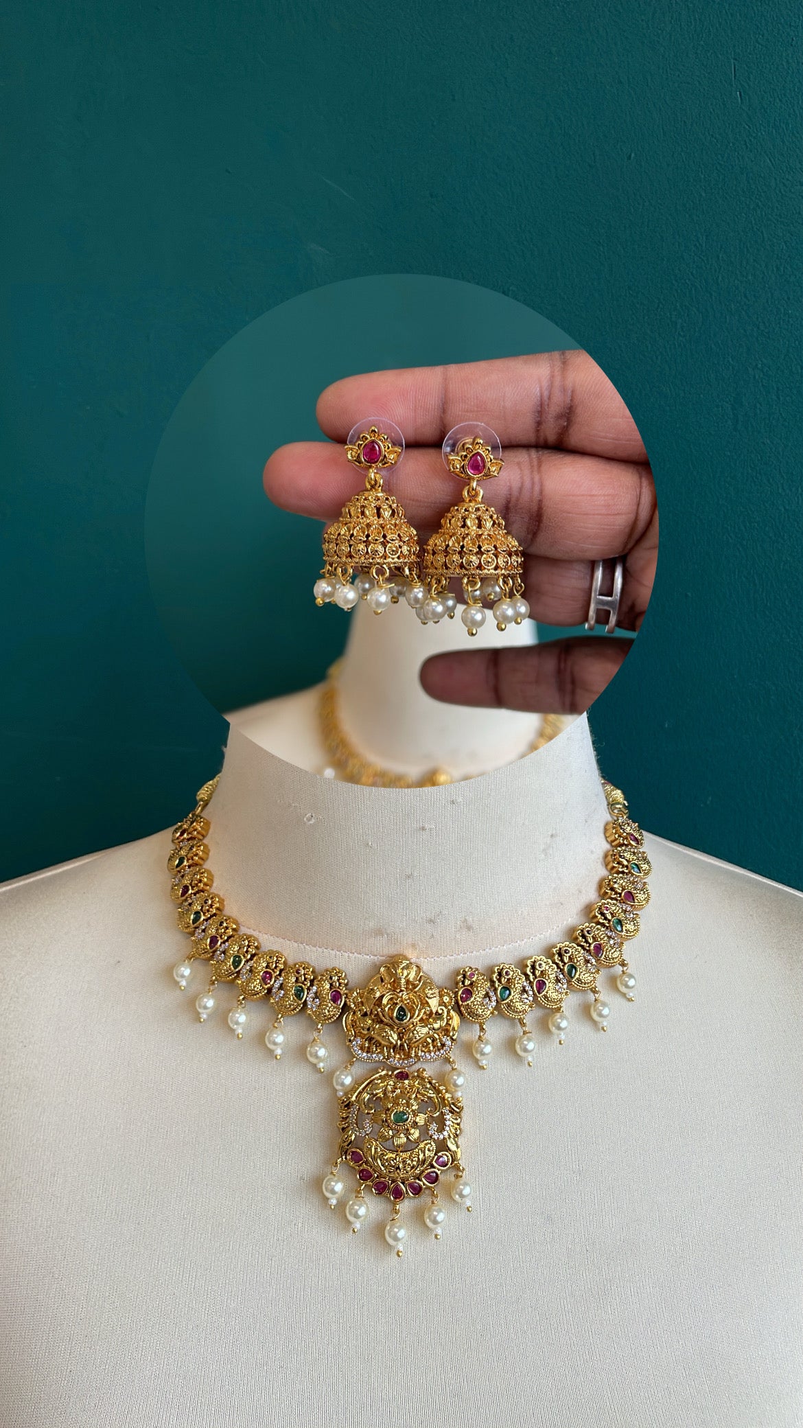 Premium Ad Matte Finish Ganesha Necklace Set with Jhumka