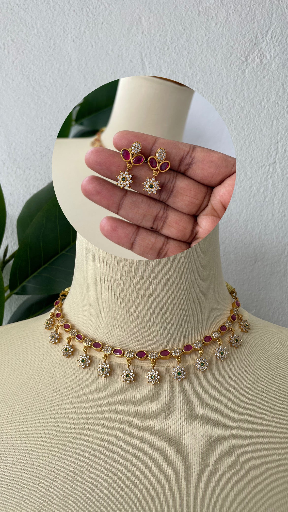 Premium Ad Flower Drop Ruby Necklace Set comes with earrings