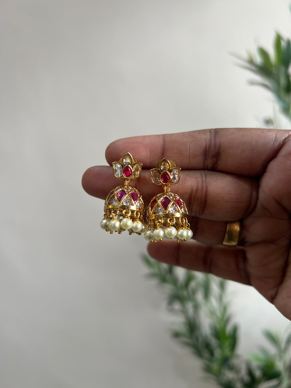Premium Kemp Mini Jhumkis - RubyWhite