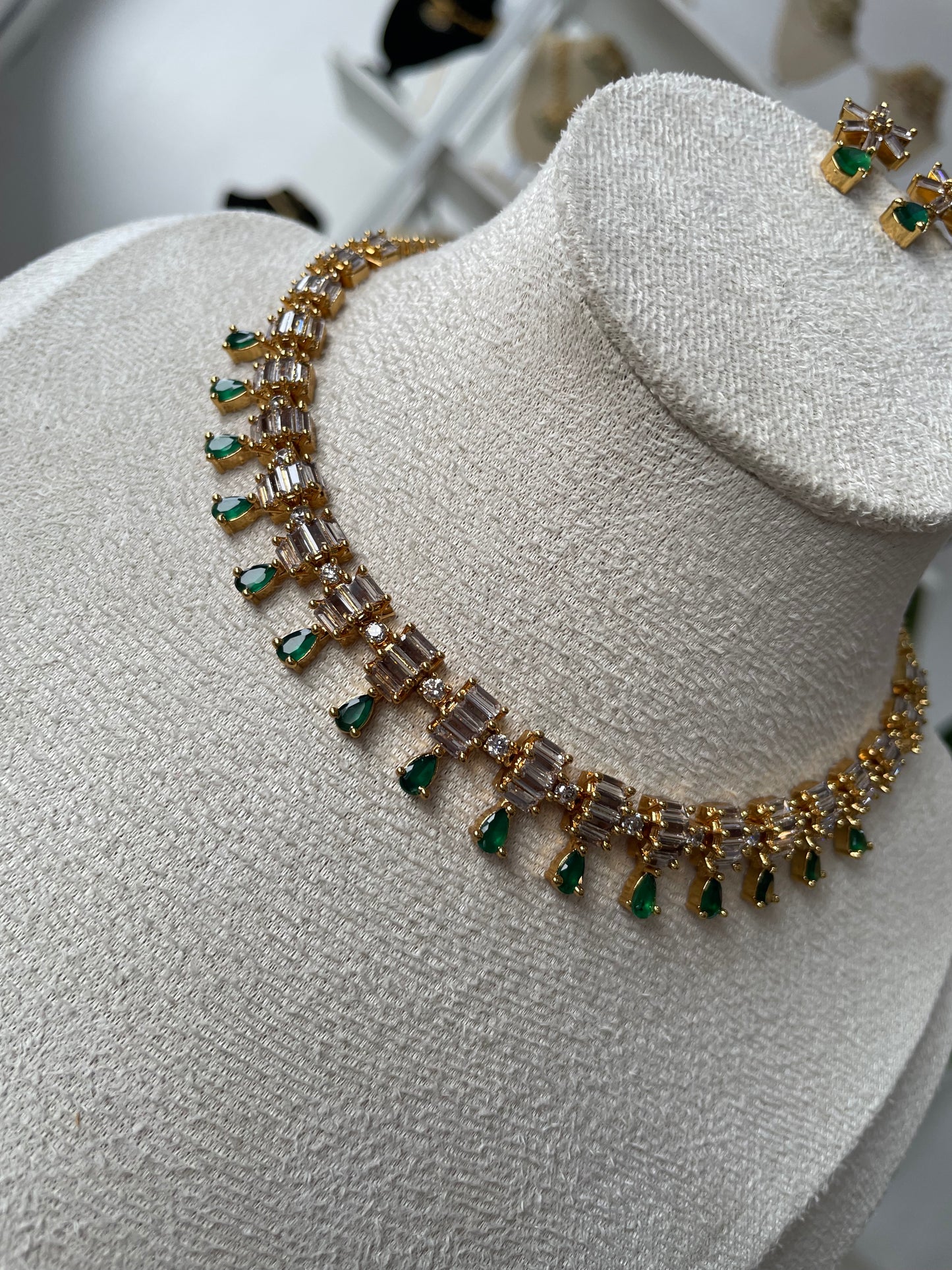 Premium Green Teardrop Necklace with clear baguette cut AD stones