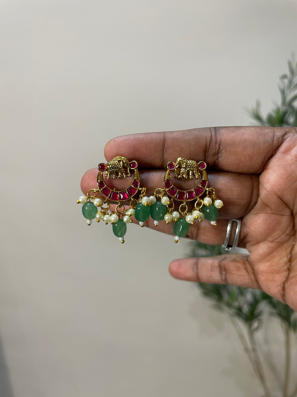 Premium Jadau Elephant Stud with Mint Beads