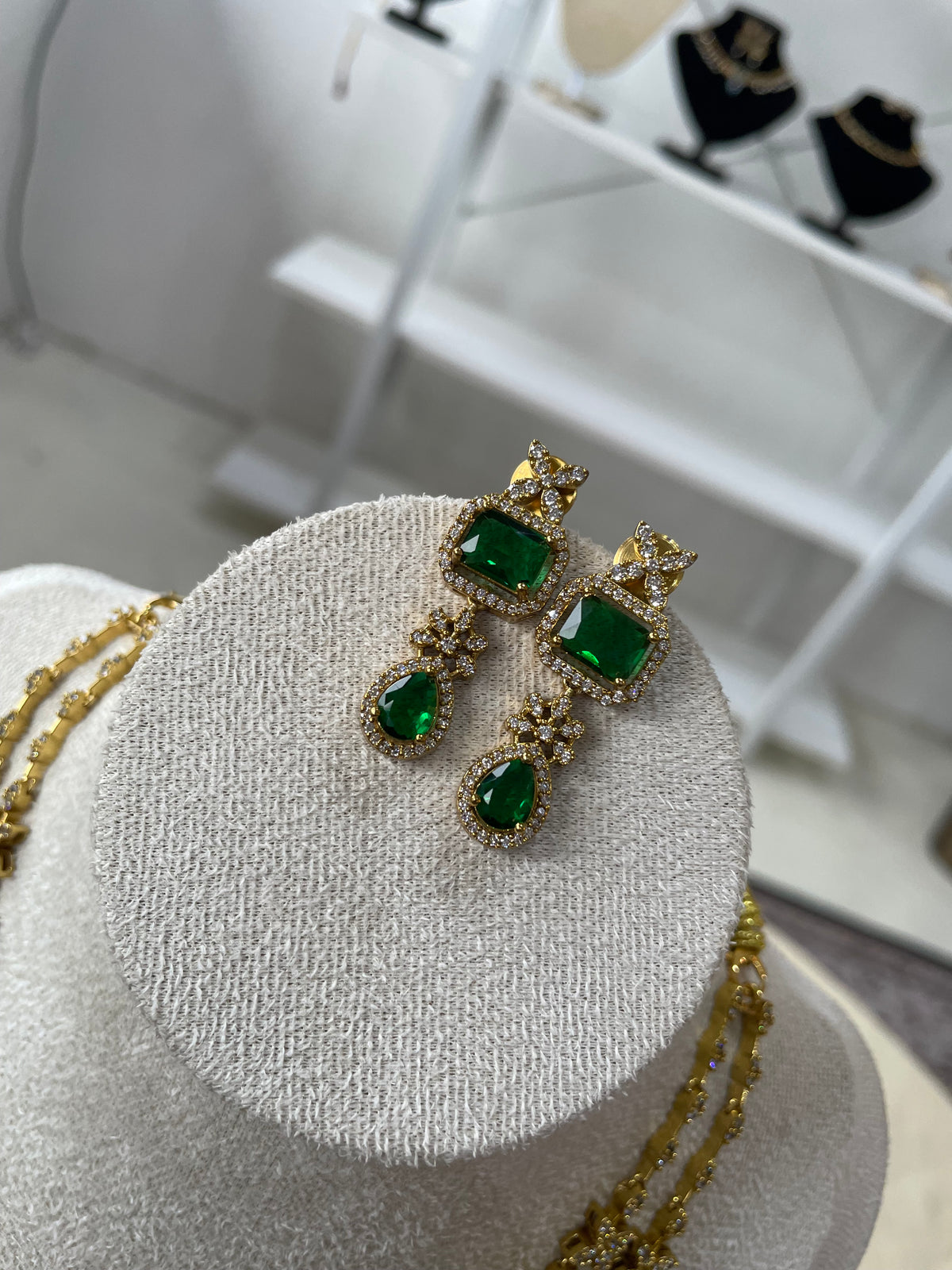 Premium AD Double Layer Necklace Set (Green)