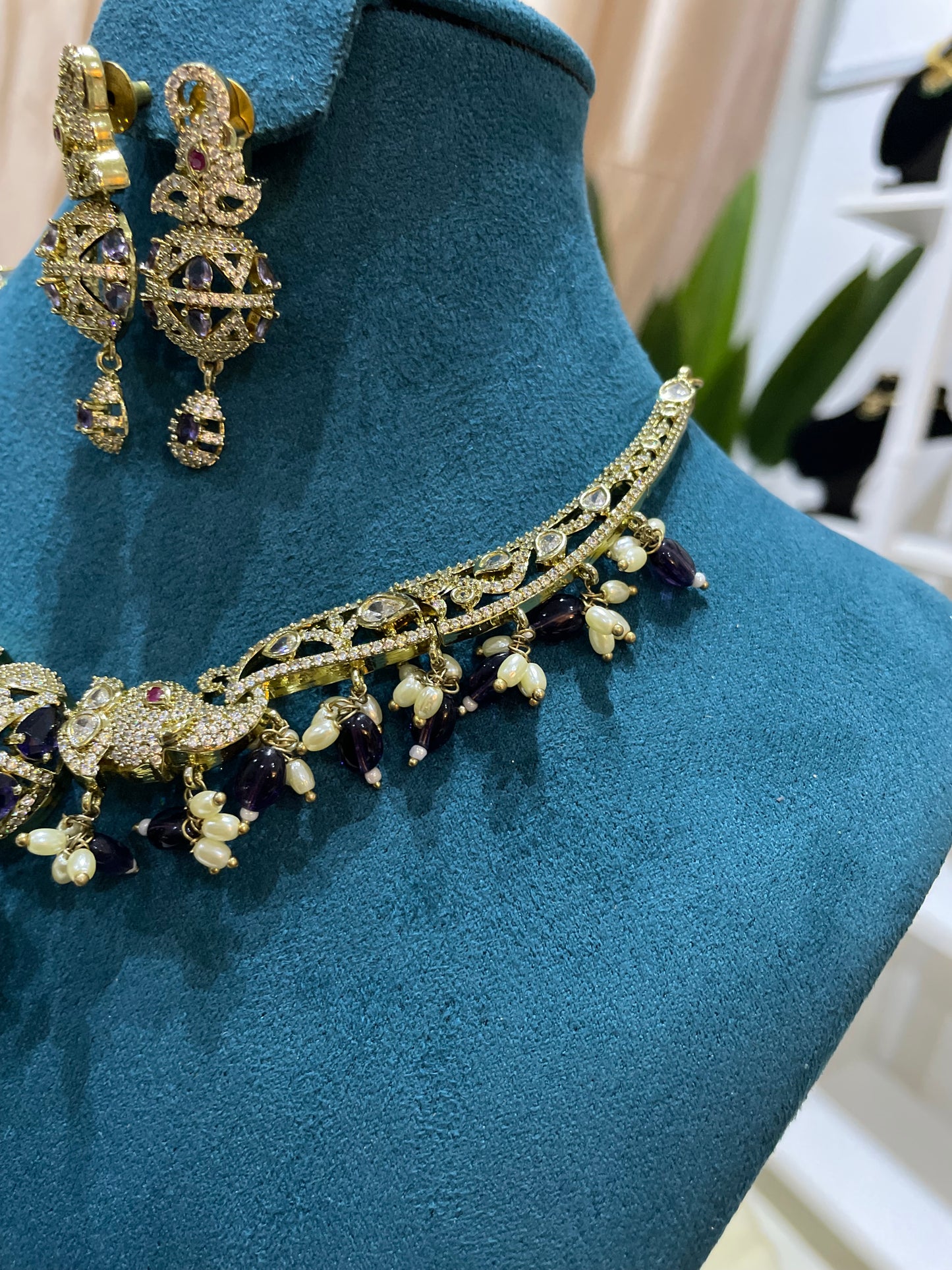 Premium AD Hasli Necklace Set (Purple)