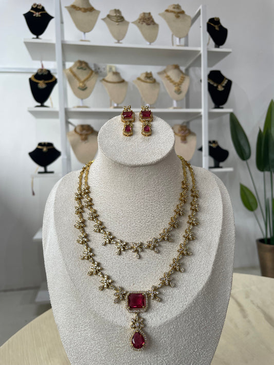 Premium AD Double Layer Necklace Set (Red)