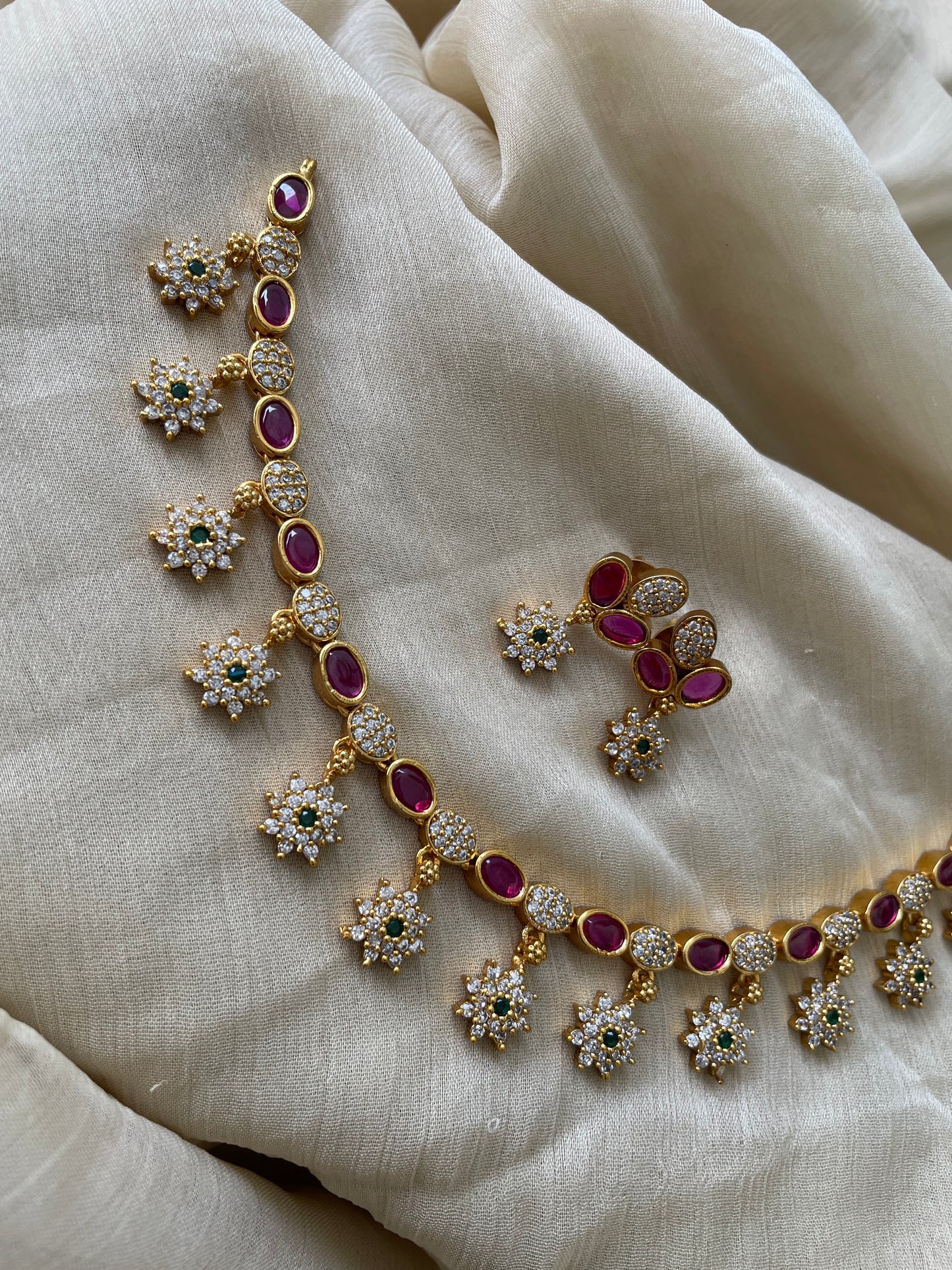 Premium Ad Flower Drop Ruby Necklace Set comes with earrings