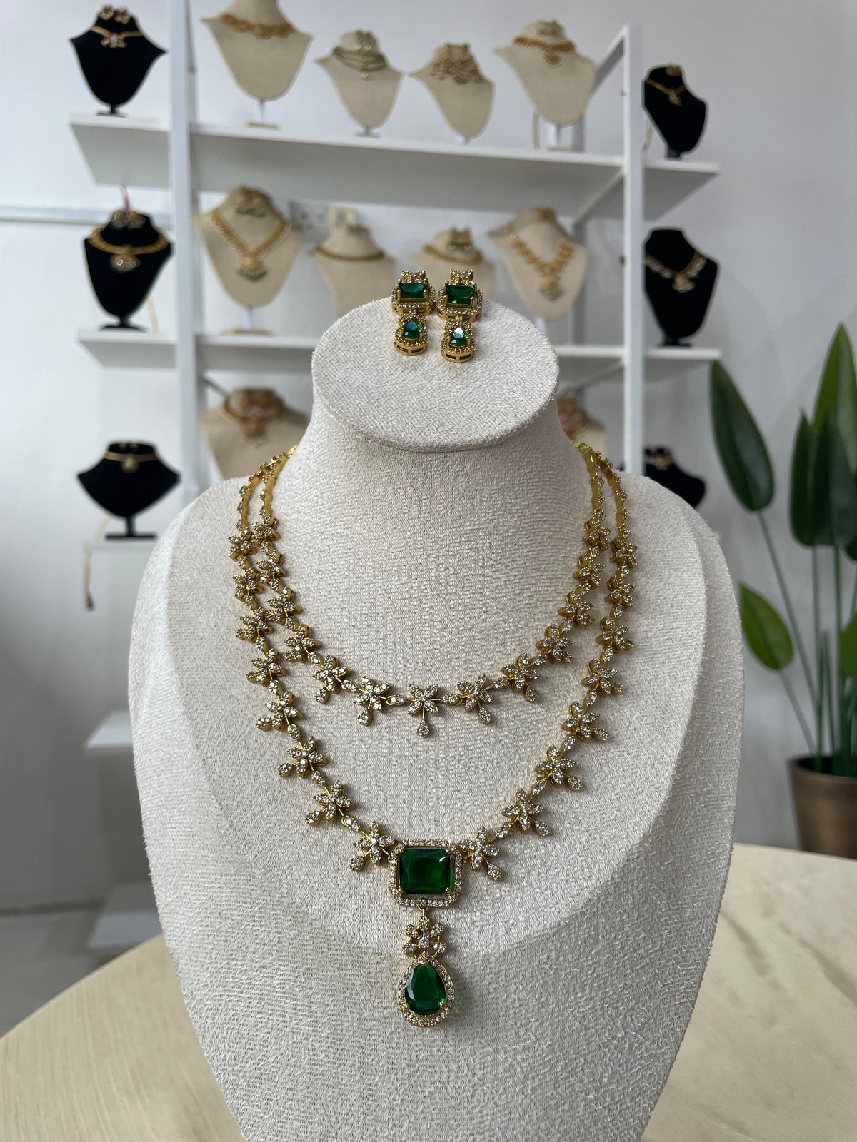 Premium AD Double Layer Necklace Set (Green)