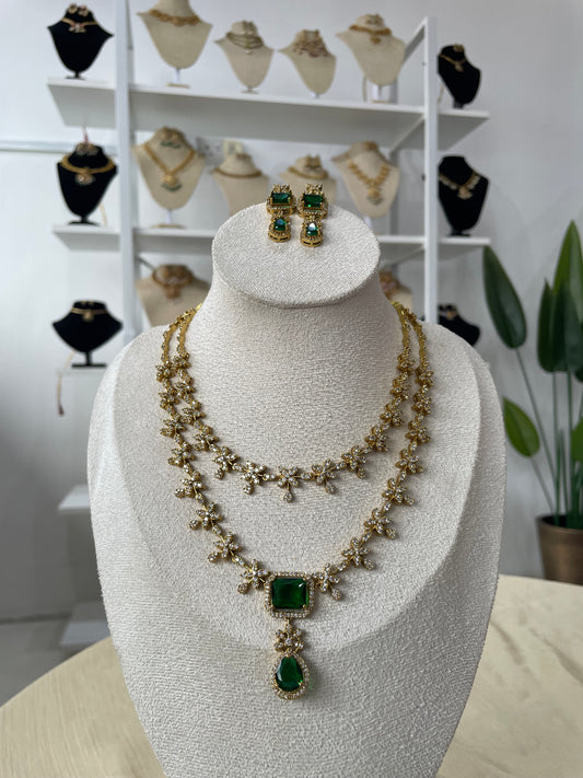 Premium AD Double Layer Necklace Set (Green)