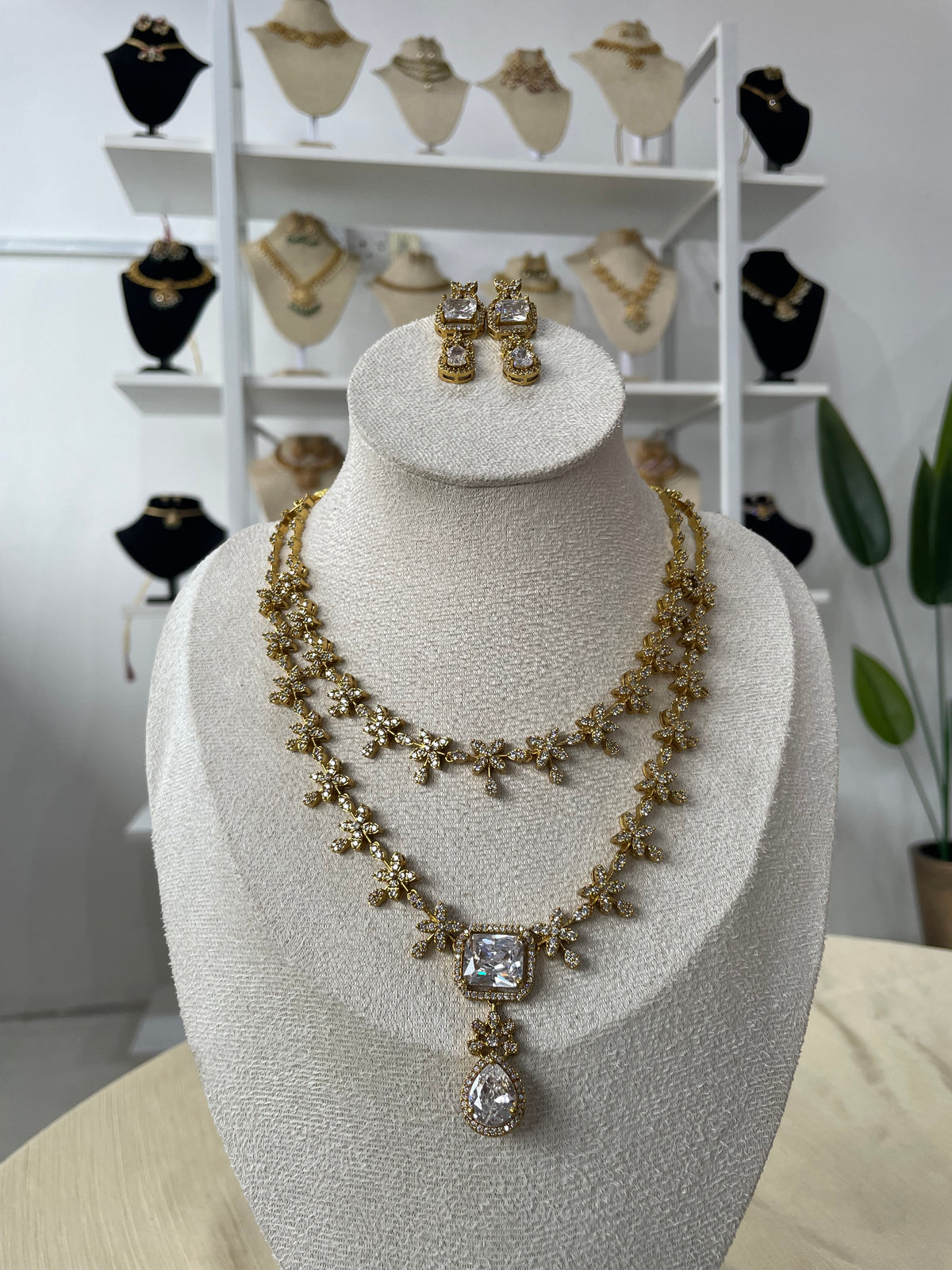 Premium AD Double Layer Necklace Set (White)