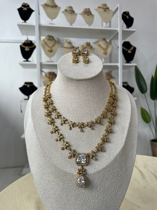 Premium AD Double Layer Necklace Set (White)