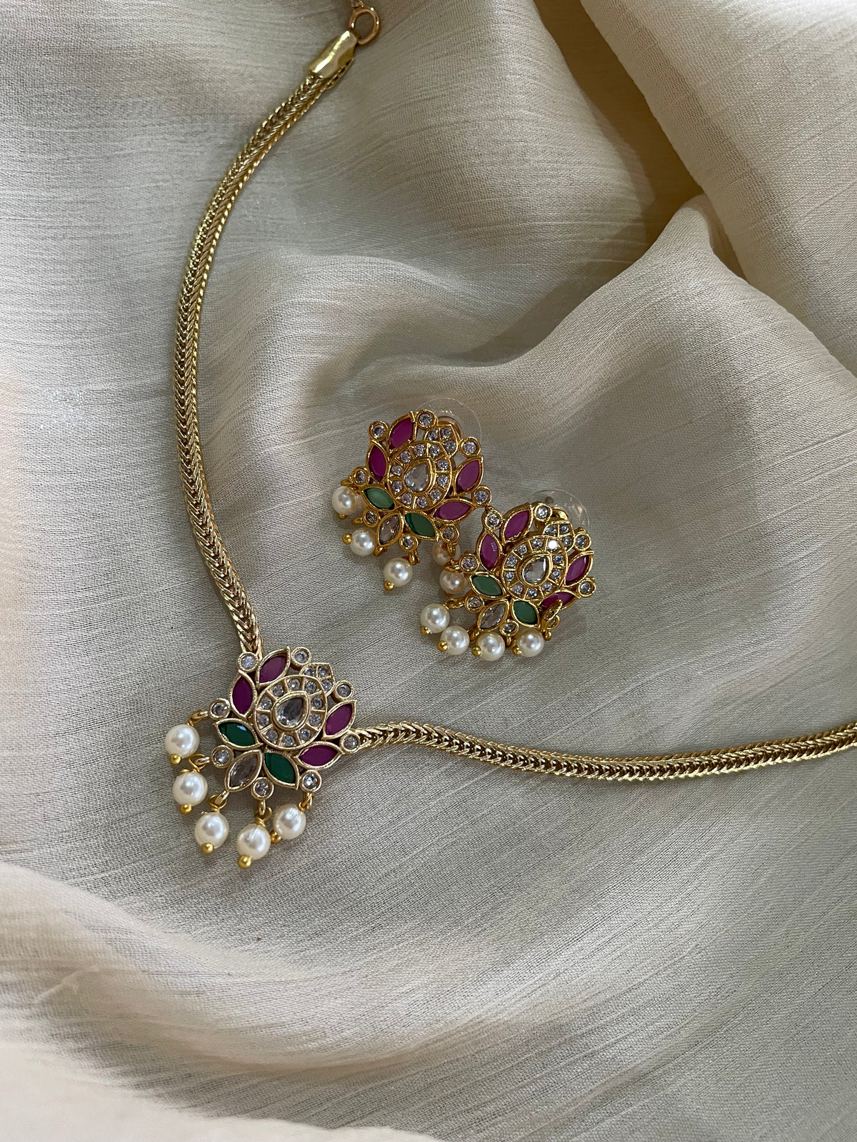 Premium Kemp Lotus Necklace Set with Pearl Drops - comes with back chain