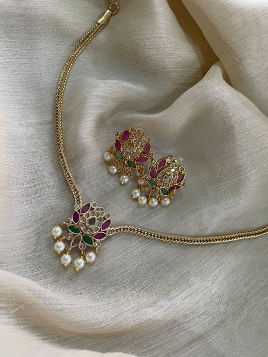 Premium Kemp Lotus Necklace Set with Pearl Drops - comes with back chain