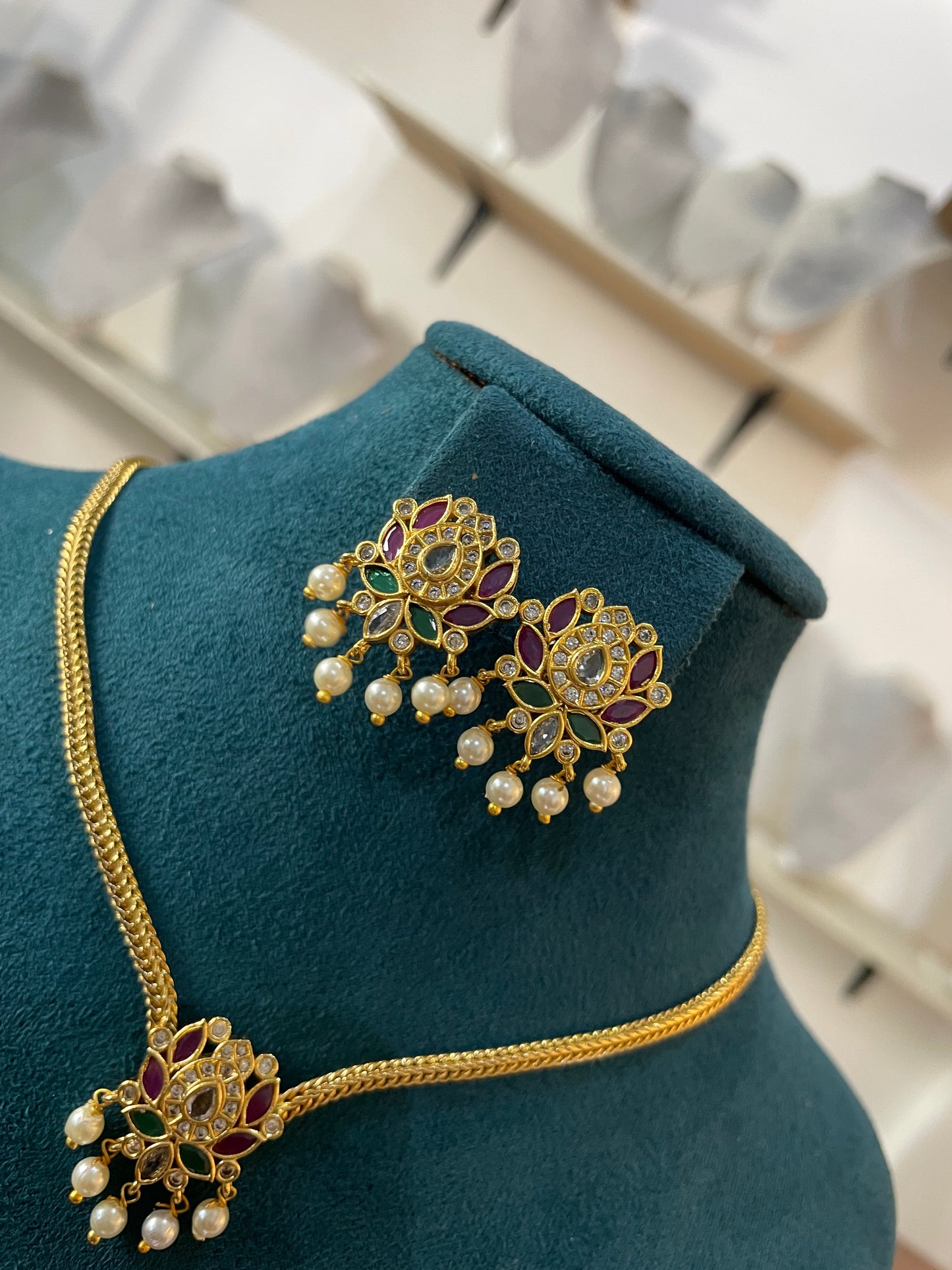 Premium Kemp Floral Necklace Set with Pearl Drops - comes with back chain