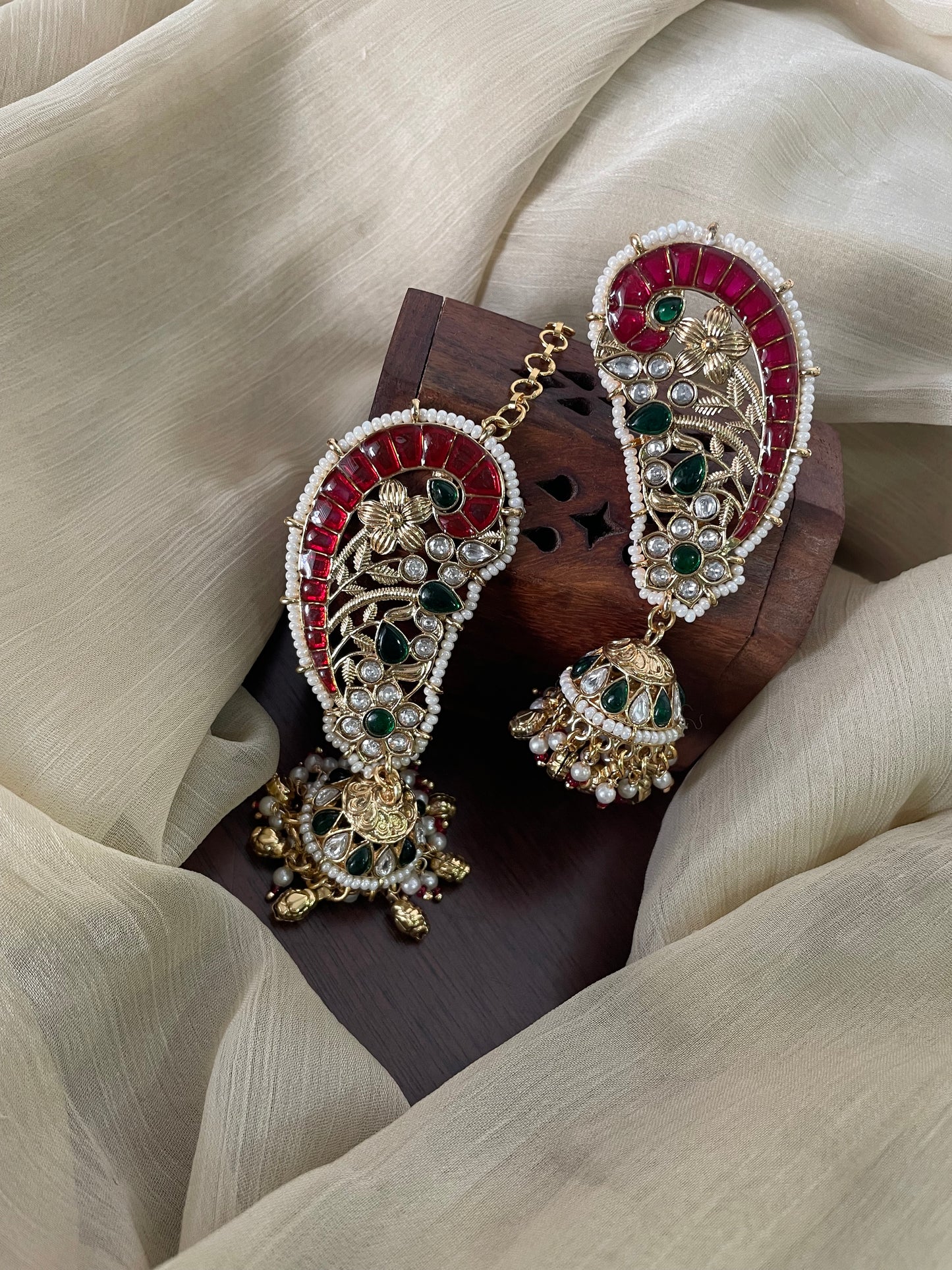 Premium Pota Stone Paisley Earcuff Jhumka with attached EarChain