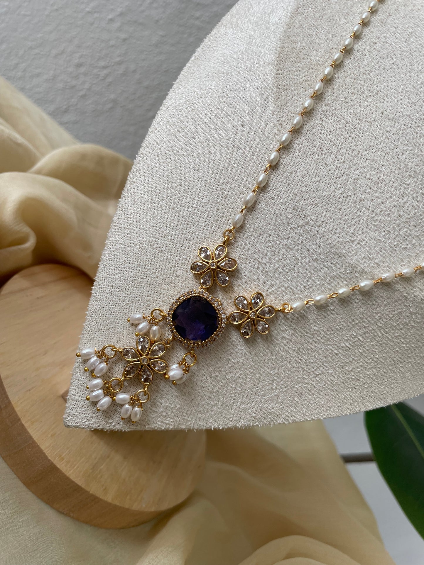 Premium Antique Brass Rice Pearl Mala (Purple)