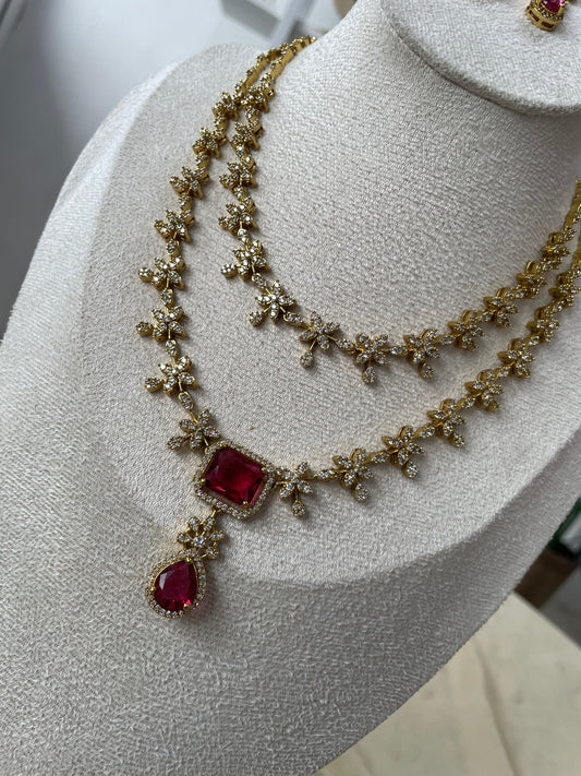 Premium AD Double Layer Necklace Set (Red)