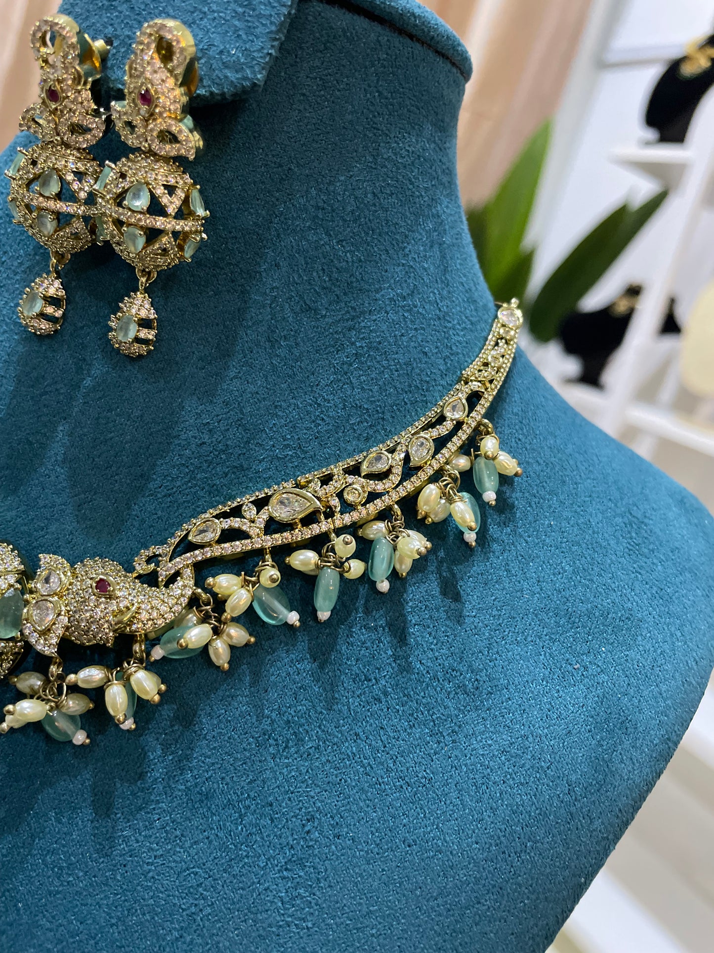 Premium AD Hasli Necklace Set (Mint)