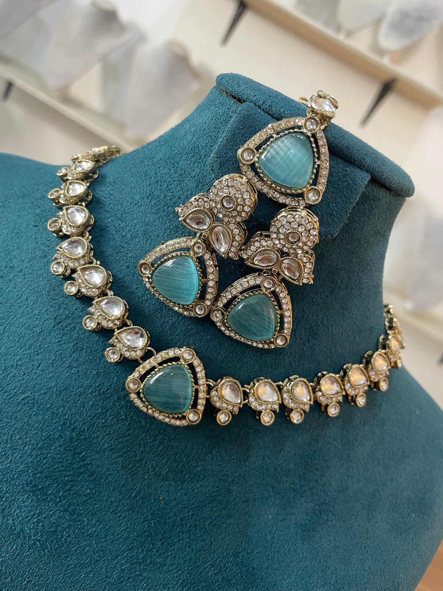 Premium Polki Choker Set comes with earrings and tikka (Antique Gold Base) - Aqua Blue