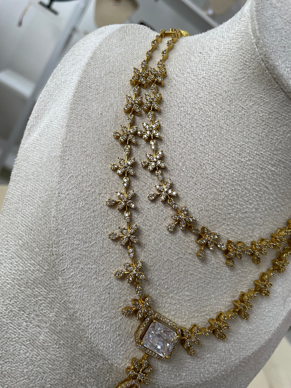 Premium AD Double Layer Necklace Set (White)