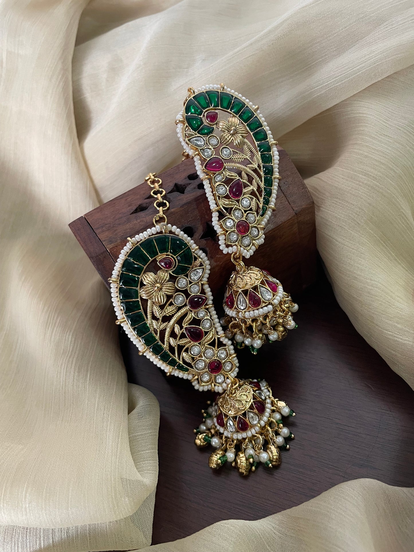 Premium Pota Stone Paisley Earcuff Jhumka with attached EarChain