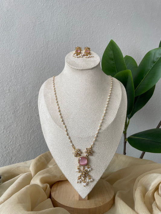 Premium Antique Brass Rice Pearl Mala (Pink)