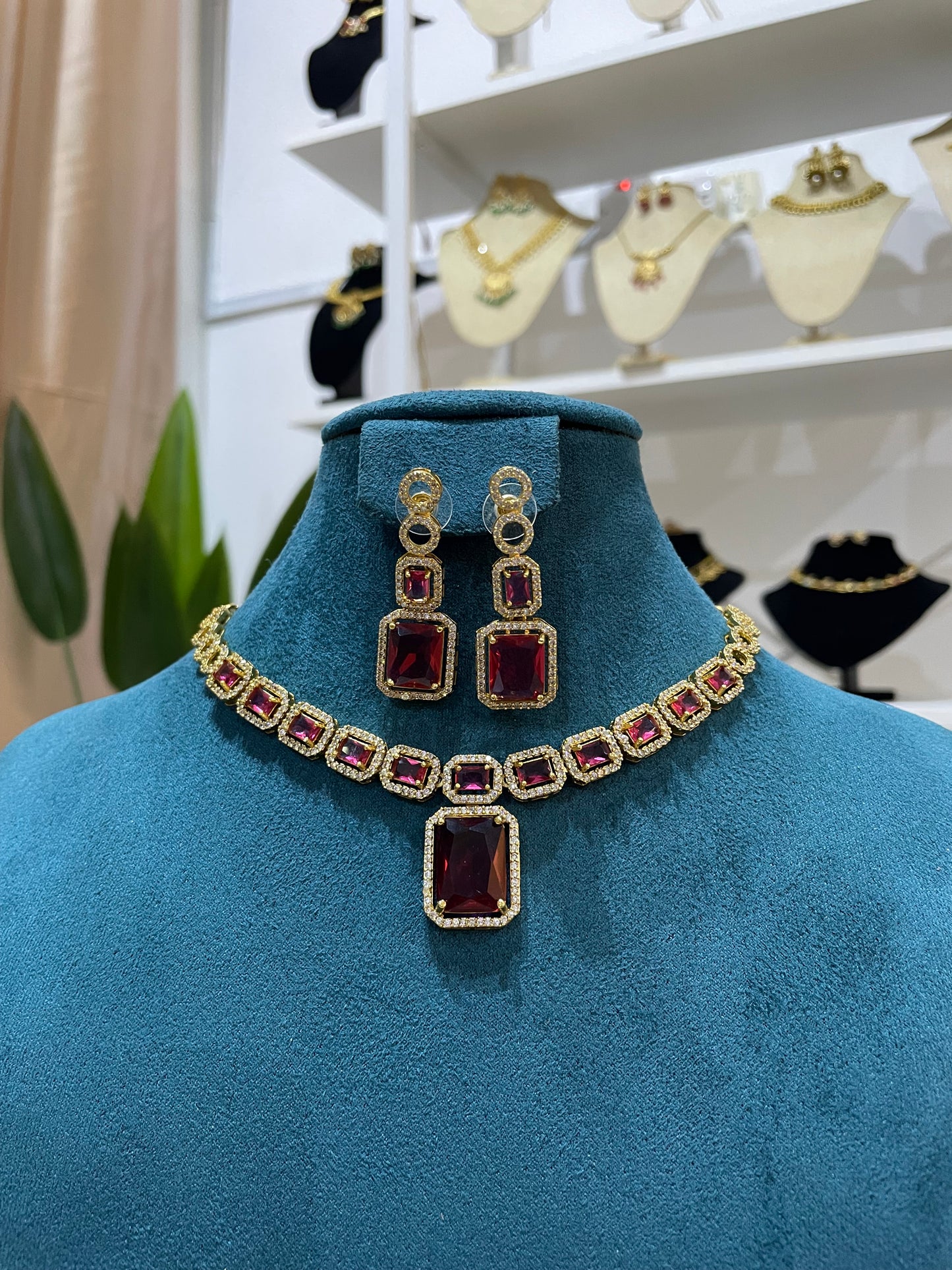 AD Necklace Set (Gold Base) - Ruby