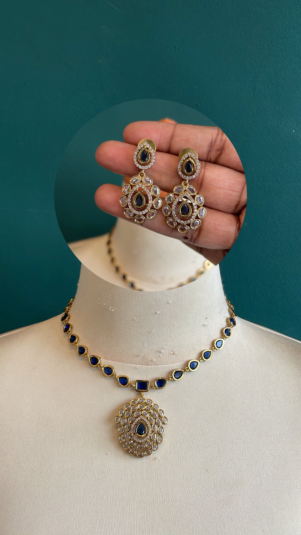 Teardrop Crystal Luxe Pendant Necklace Set - Blue