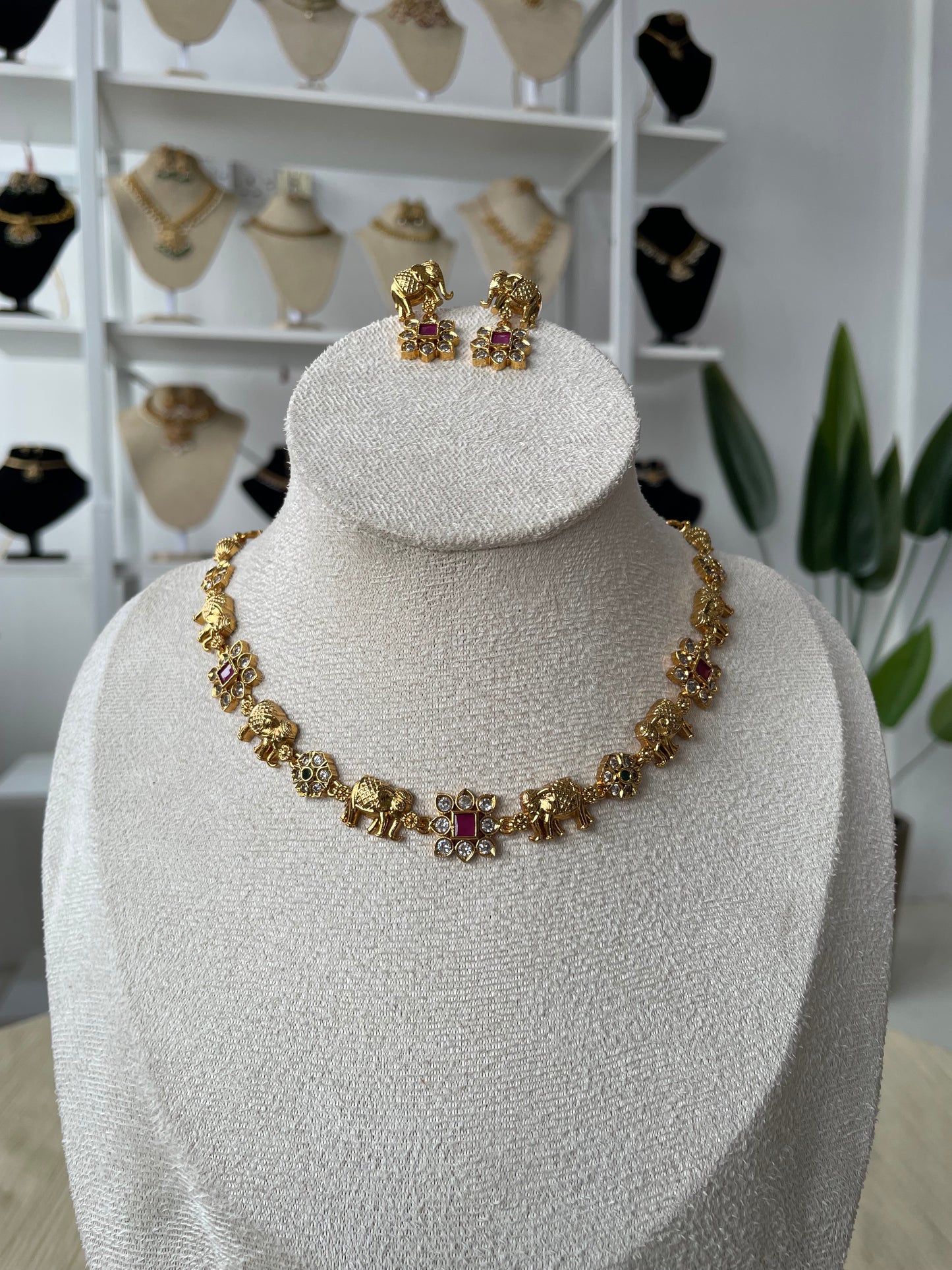 Premium Brass Elephant AD Necklace Set