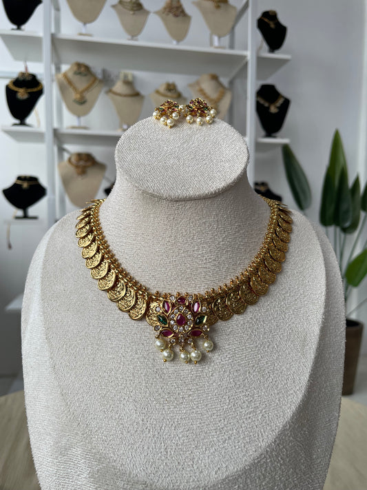 Premium Lotus Kemp Pendant Lakshmi Coin Necklace Set