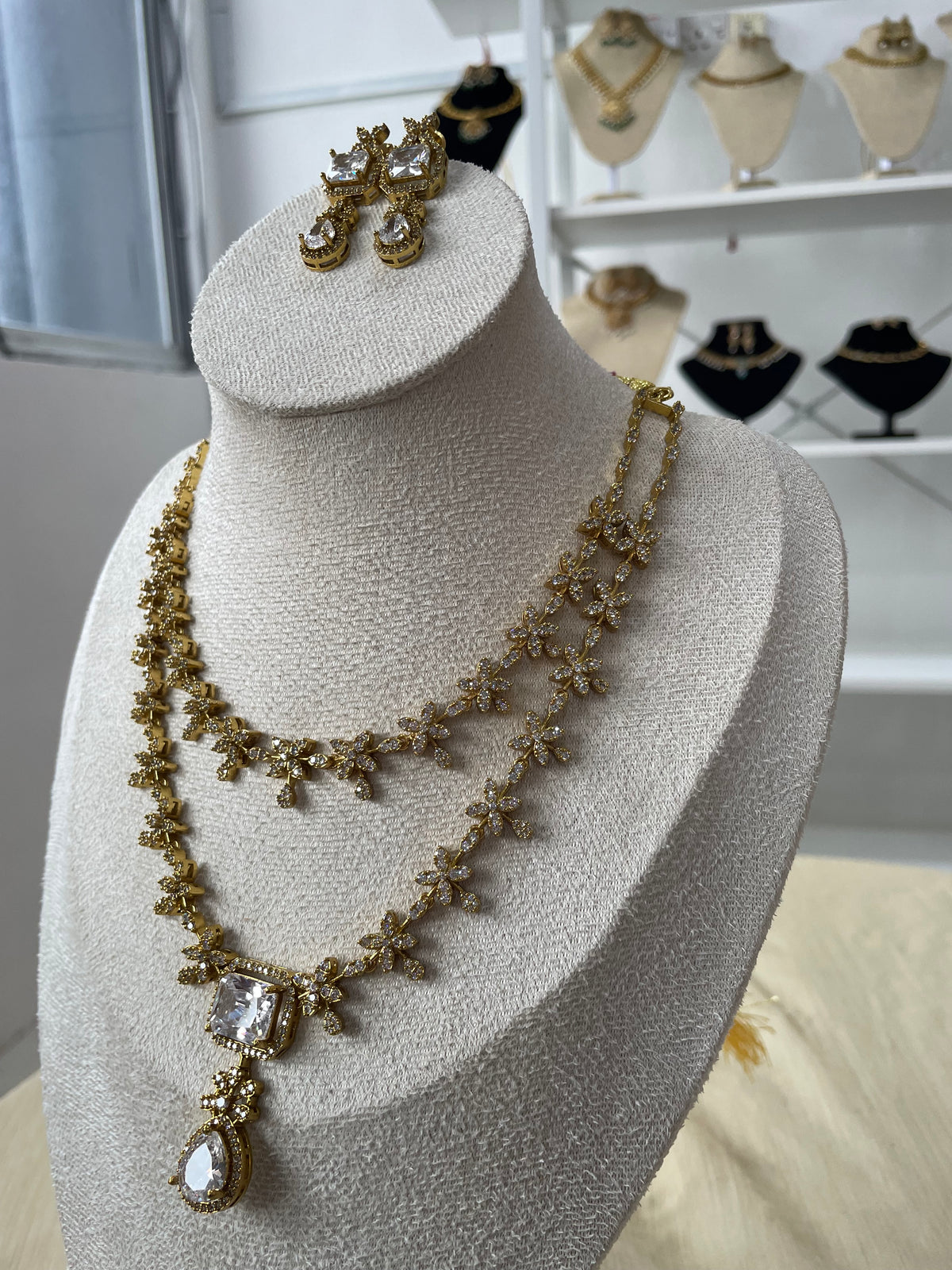 Premium AD Double Layer Necklace Set (White)
