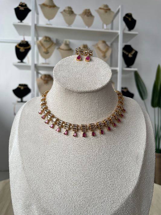 Premium Ruby Teardrop Necklace with clear baguette cut AD stones