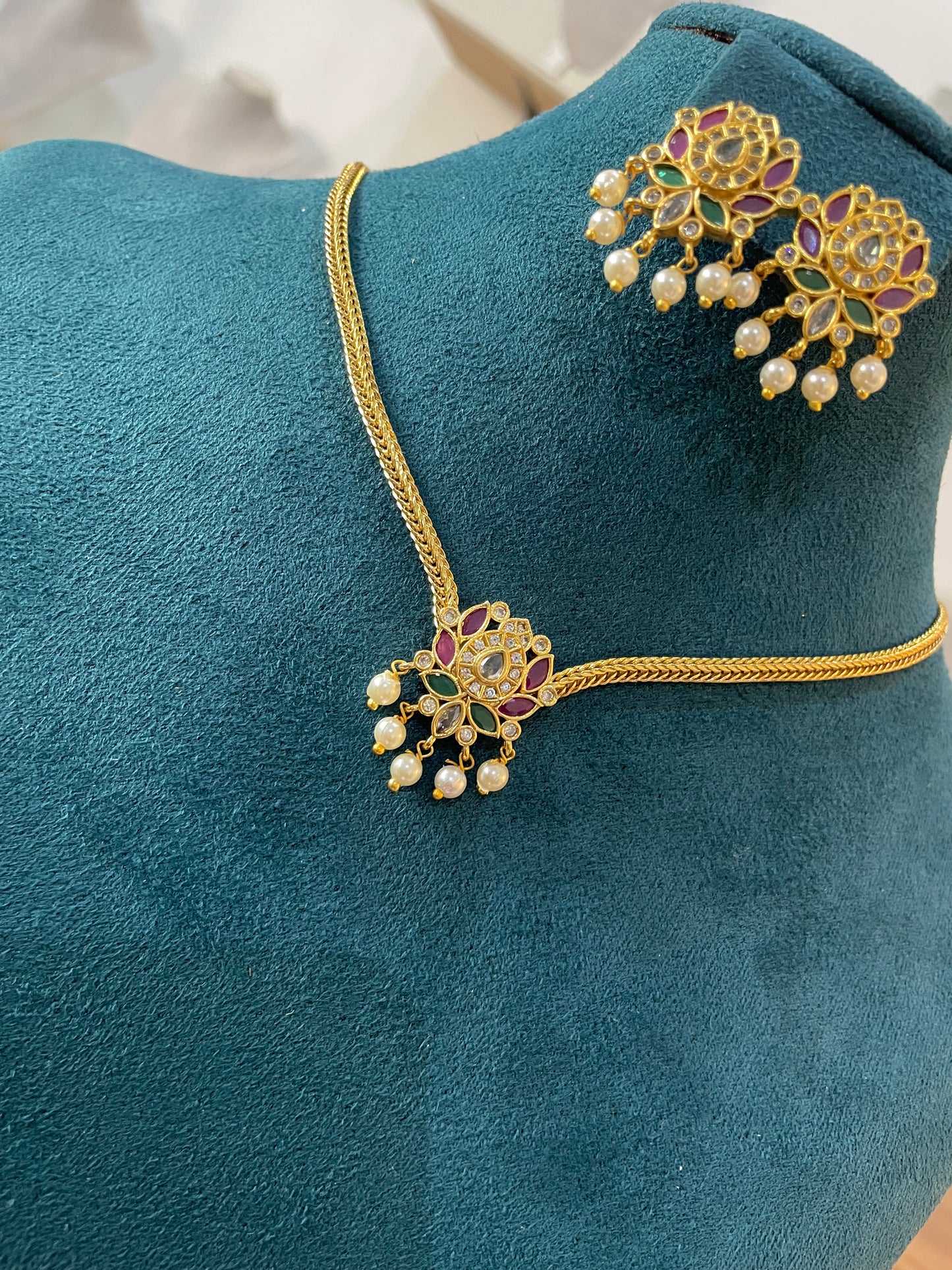 Premium Kemp Floral Necklace Set with Pearl Drops - comes with back chain