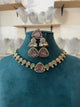 Premium Polki Choker Set comes with earrings and tikka (Antique Gold Base) - Mint Pink